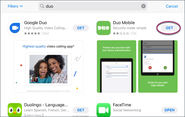 Duo Mobile in app store with "Get" button highlighted