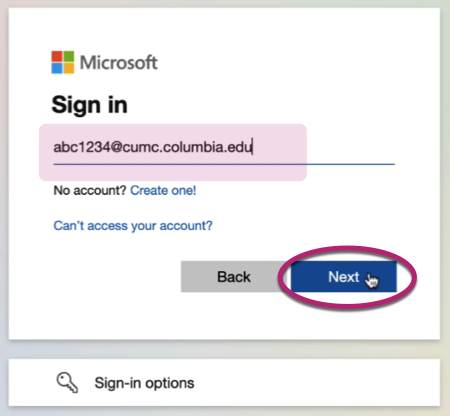 Microsoft sign in screen with CUIMC email entered and Next button circled