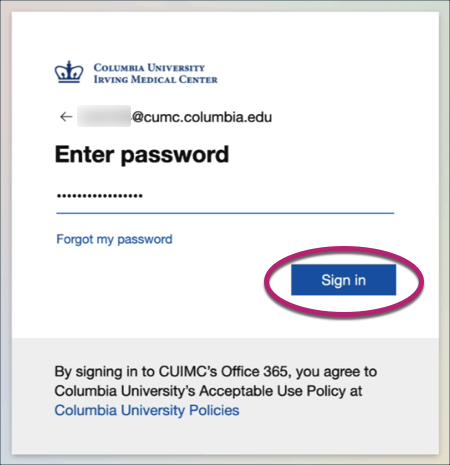 Enter password prompt with Sign in button circled