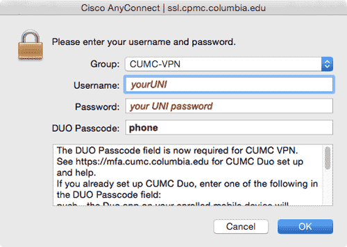Cisco AnyConnect login prompt with phone in the DUO Passcode field