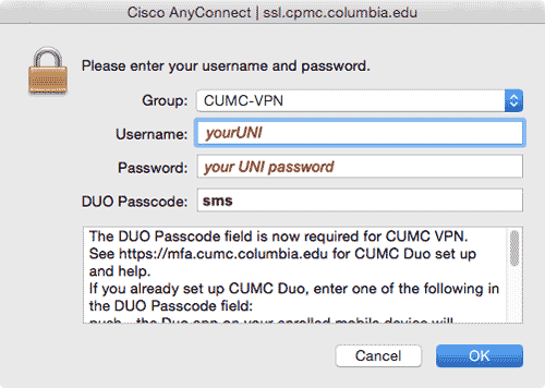 Cisco AnyConnect login prompt with sms in the DUO Passcode field