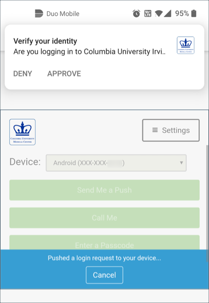 Deny or Approve notification from Duo at top of phone window