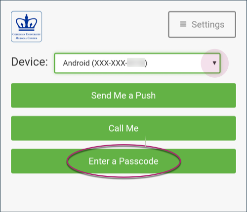Enter a Passcode button and Device drop down highlighted in Duo prompt