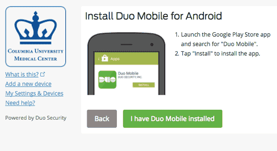 Sample instructions to install Duo on the smartphone.