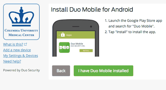 Sample instructions to install Duo on the tablet.