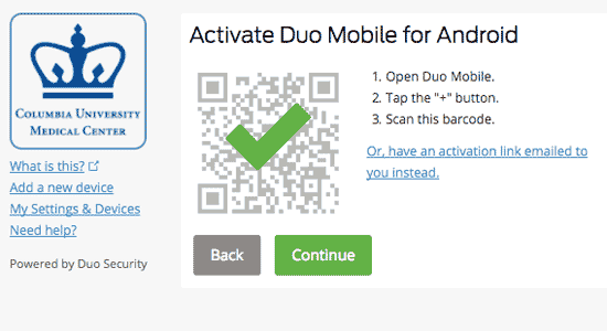 Duo barcode activation screen