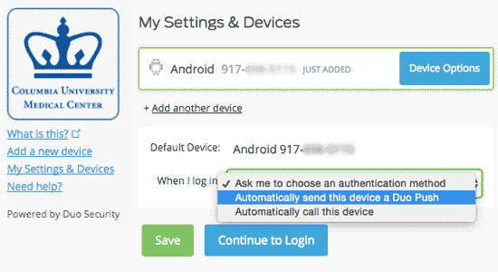 Device information and options for "When I log in"