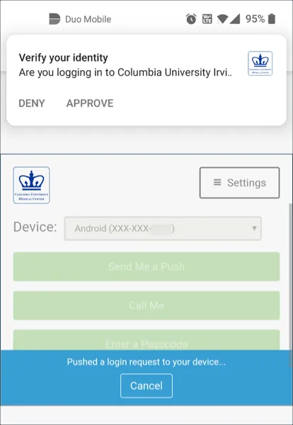 Deny or Approve notification from Duo at top of phone window