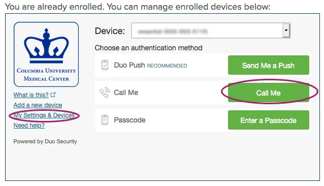 Call me and Settings & Devices links in Duo prompt.