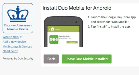 Sample instructions to install Duo on the smartphone.