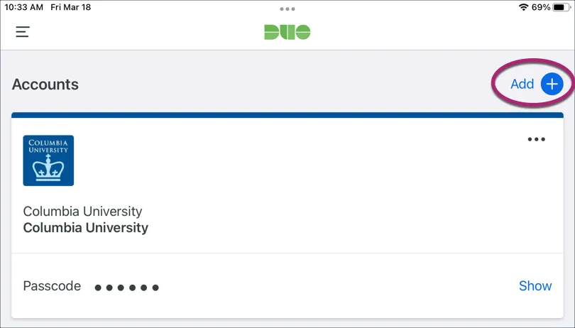 Add account button in Duo app